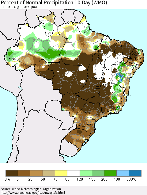 Brazil Percent of Normal Precipitation 10-Day (WMO) Thematic Map For 7/26/2023 - 8/5/2023