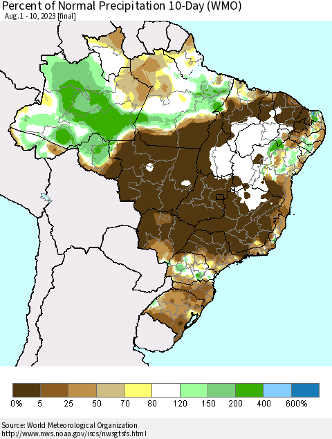 Brazil Percent of Normal Precipitation 10-Day (WMO) Thematic Map For 8/1/2023 - 8/10/2023