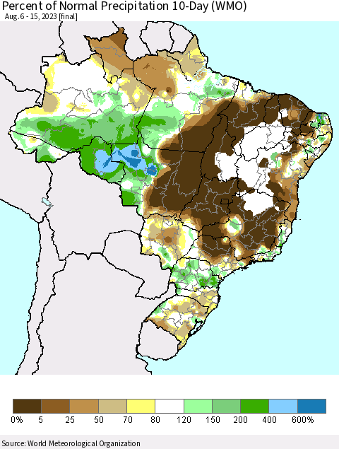 Brazil Percent of Normal Precipitation 10-Day (WMO) Thematic Map For 8/6/2023 - 8/15/2023