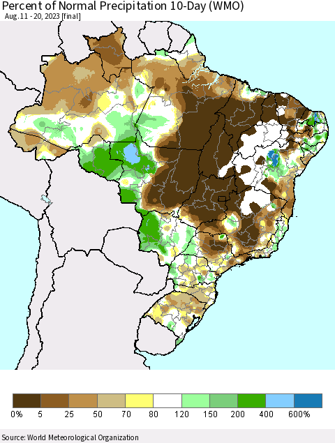 Brazil Percent of Normal Precipitation 10-Day (WMO) Thematic Map For 8/11/2023 - 8/20/2023