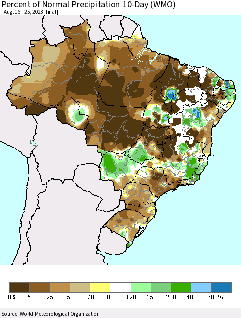 Brazil Percent of Normal Precipitation 10-Day (WMO) Thematic Map For 8/16/2023 - 8/25/2023