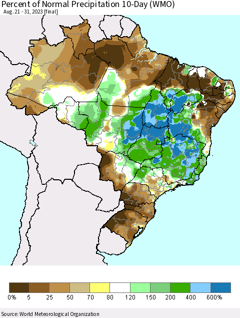 Brazil Percent of Normal Precipitation 10-Day (WMO) Thematic Map For 8/21/2023 - 8/31/2023