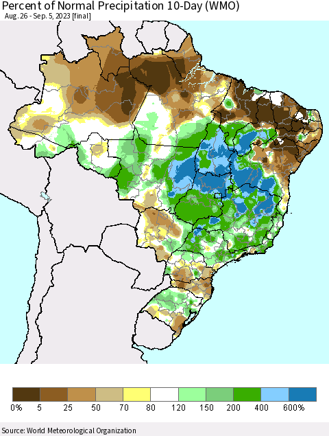 Brazil Percent of Normal Precipitation 10-Day (WMO) Thematic Map For 8/26/2023 - 9/5/2023