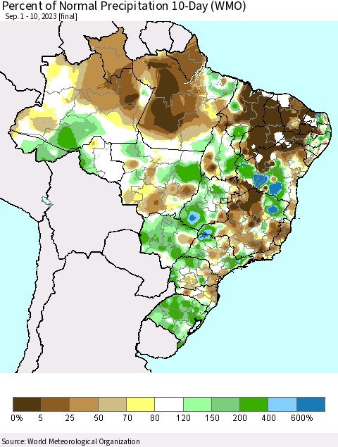 Brazil Percent of Normal Precipitation 10-Day (WMO) Thematic Map For 9/1/2023 - 9/10/2023