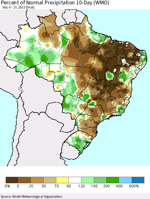 Brazil Percent of Normal Precipitation 10-Day (WMO) Thematic Map For 9/6/2023 - 9/15/2023
