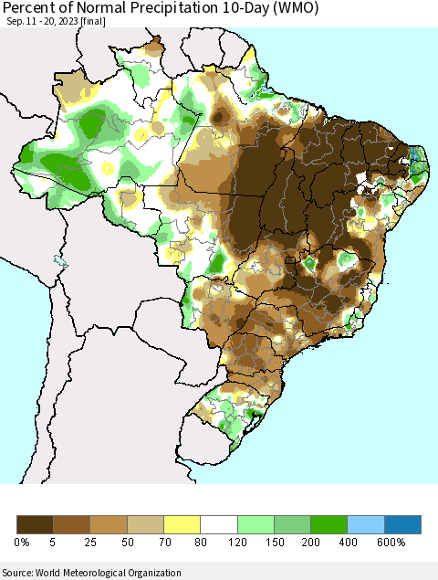 Brazil Percent of Normal Precipitation 10-Day (WMO) Thematic Map For 9/11/2023 - 9/20/2023