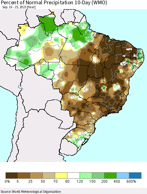 Brazil Percent of Normal Precipitation 10-Day (WMO) Thematic Map For 9/16/2023 - 9/25/2023