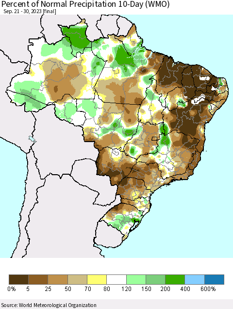 Brazil Percent of Normal Precipitation 10-Day (WMO) Thematic Map For 9/21/2023 - 9/30/2023