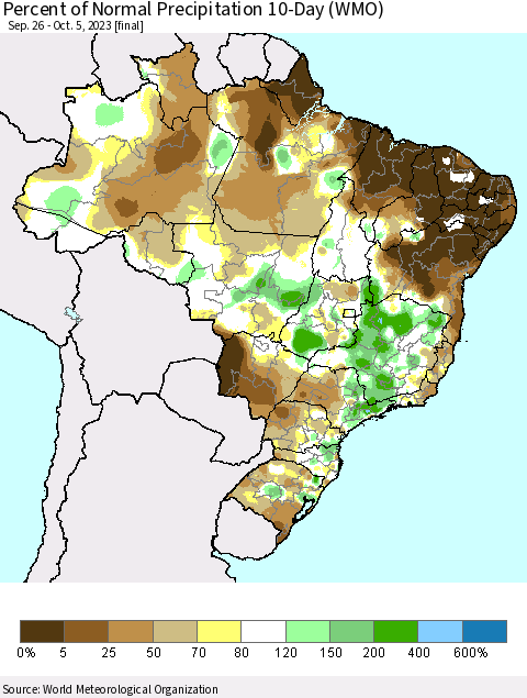 Brazil Percent of Normal Precipitation 10-Day (WMO) Thematic Map For 9/26/2023 - 10/5/2023