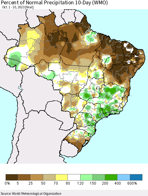 Brazil Percent of Normal Precipitation 10-Day (WMO) Thematic Map For 10/1/2023 - 10/10/2023
