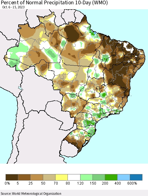 Brazil Percent of Normal Precipitation 10-Day (WMO) Thematic Map For 10/6/2023 - 10/15/2023