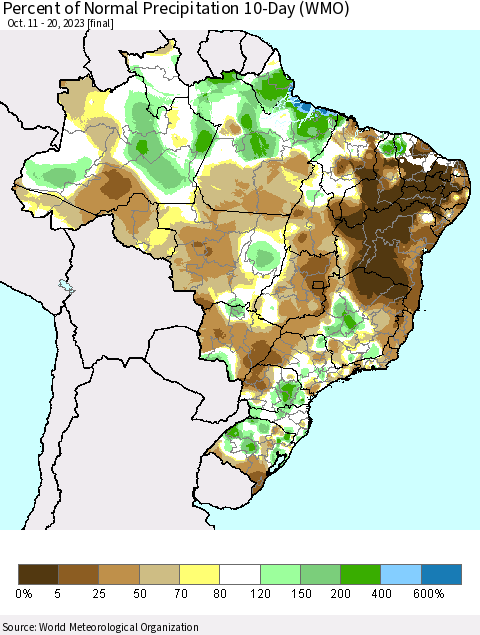 Brazil Percent of Normal Precipitation 10-Day (WMO) Thematic Map For 10/11/2023 - 10/20/2023