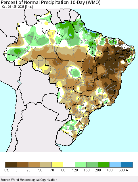 Brazil Percent of Normal Precipitation 10-Day (WMO) Thematic Map For 10/16/2023 - 10/25/2023