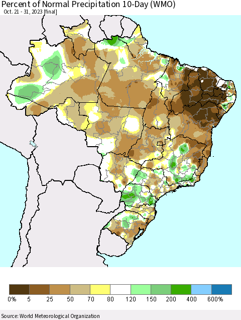 Brazil Percent of Normal Precipitation 10-Day (WMO) Thematic Map For 10/21/2023 - 10/31/2023