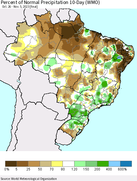 Brazil Percent of Normal Precipitation 10-Day (WMO) Thematic Map For 10/26/2023 - 11/5/2023