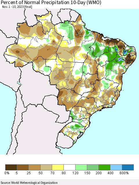 Brazil Percent of Normal Precipitation 10-Day (WMO) Thematic Map For 11/1/2023 - 11/10/2023