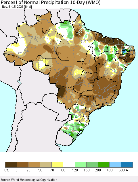 Brazil Percent of Normal Precipitation 10-Day (WMO) Thematic Map For 11/6/2023 - 11/15/2023