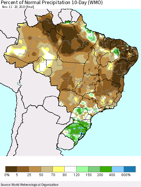 Brazil Percent of Normal Precipitation 10-Day (WMO) Thematic Map For 11/11/2023 - 11/20/2023
