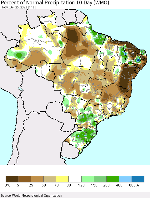 Brazil Percent of Normal Precipitation 10-Day (WMO) Thematic Map For 11/16/2023 - 11/25/2023