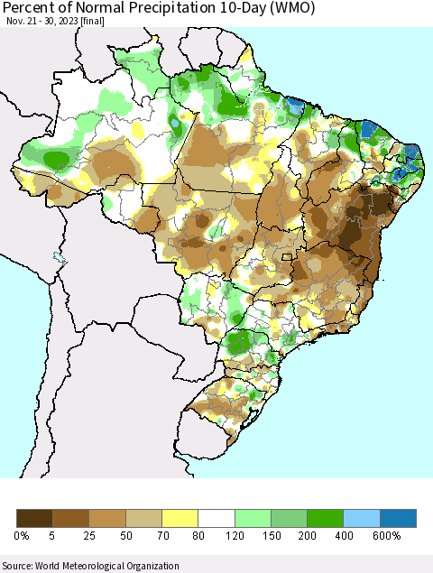 Brazil Percent of Normal Precipitation 10-Day (WMO) Thematic Map For 11/21/2023 - 11/30/2023
