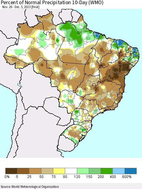 Brazil Percent of Normal Precipitation 10-Day (WMO) Thematic Map For 11/26/2023 - 12/5/2023