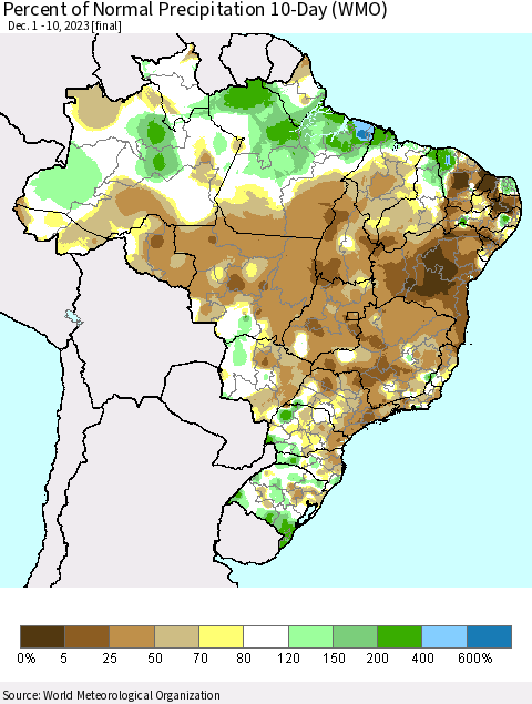 Brazil Percent of Normal Precipitation 10-Day (WMO) Thematic Map For 12/1/2023 - 12/10/2023