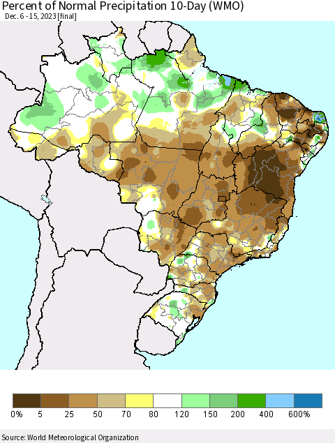Brazil Percent of Normal Precipitation 10-Day (WMO) Thematic Map For 12/6/2023 - 12/15/2023