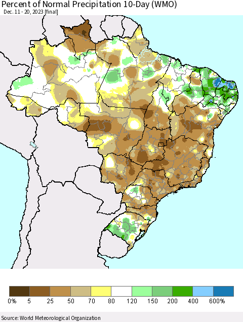 Brazil Percent of Normal Precipitation 10-Day (WMO) Thematic Map For 12/11/2023 - 12/20/2023