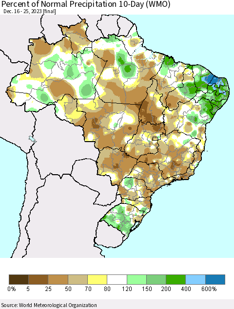 Brazil Percent of Normal Precipitation 10-Day (WMO) Thematic Map For 12/16/2023 - 12/25/2023