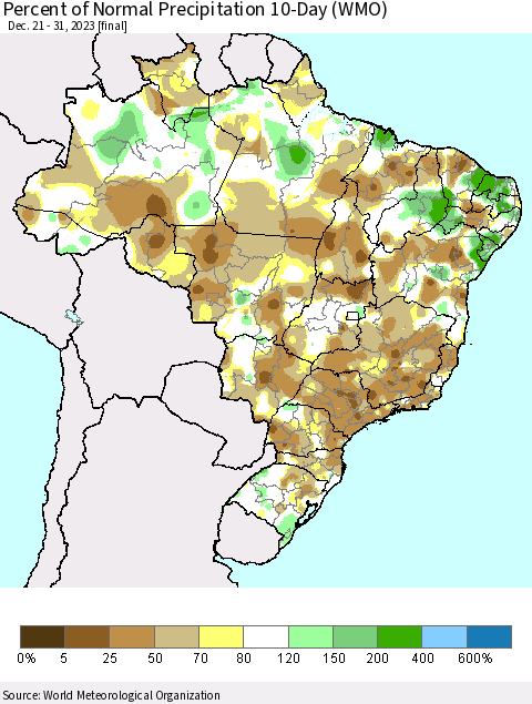 Brazil Percent of Normal Precipitation 10-Day (WMO) Thematic Map For 12/21/2023 - 12/31/2023