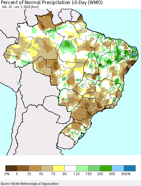 Brazil Percent of Normal Precipitation 10-Day (WMO) Thematic Map For 12/26/2023 - 1/5/2024