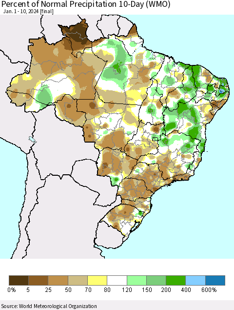 Brazil Percent of Normal Precipitation 10-Day (WMO) Thematic Map For 1/1/2024 - 1/10/2024