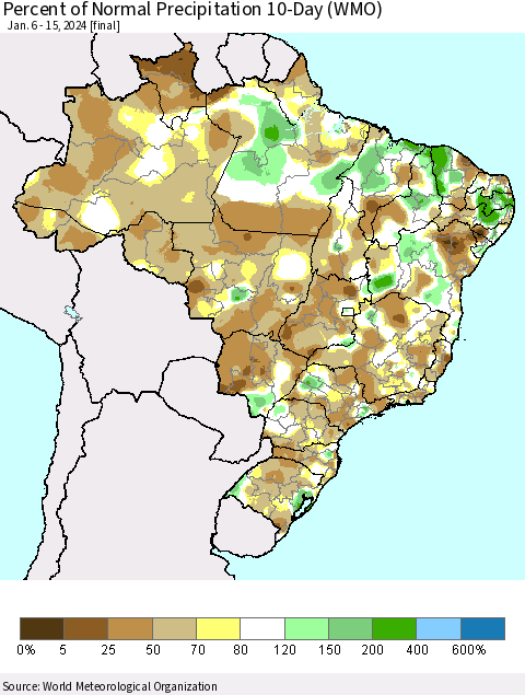 Brazil Percent of Normal Precipitation 10-Day (WMO) Thematic Map For 1/6/2024 - 1/15/2024