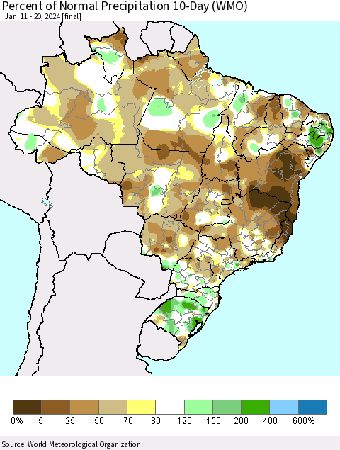 Brazil Percent of Normal Precipitation 10-Day (WMO) Thematic Map For 1/11/2024 - 1/20/2024