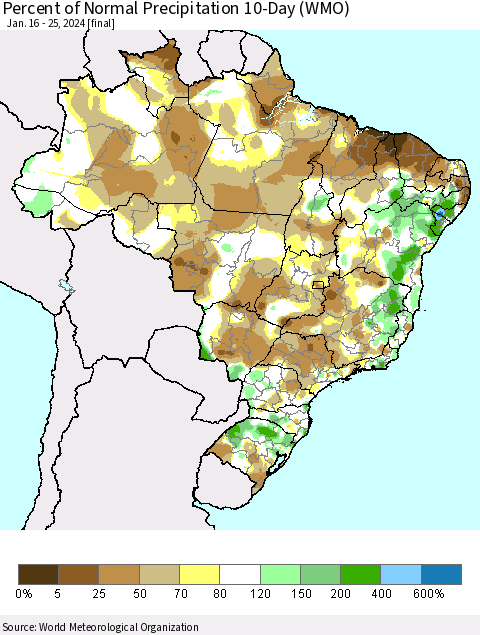 Brazil Percent of Normal Precipitation 10-Day (WMO) Thematic Map For 1/16/2024 - 1/25/2024