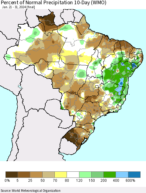 Brazil Percent of Normal Precipitation 10-Day (WMO) Thematic Map For 1/21/2024 - 1/31/2024