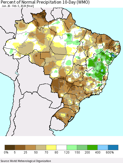 Brazil Percent of Normal Precipitation 10-Day (WMO) Thematic Map For 1/26/2024 - 2/5/2024
