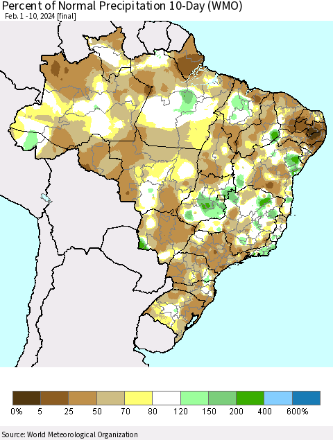 Brazil Percent of Normal Precipitation 10-Day (WMO) Thematic Map For 2/1/2024 - 2/10/2024