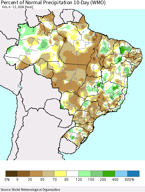Brazil Percent of Normal Precipitation 10-Day (WMO) Thematic Map For 2/6/2024 - 2/15/2024