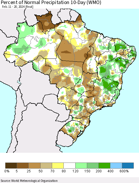 Brazil Percent of Normal Precipitation 10-Day (WMO) Thematic Map For 2/11/2024 - 2/20/2024