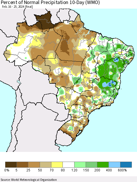 Brazil Percent of Normal Precipitation 10-Day (WMO) Thematic Map For 2/16/2024 - 2/25/2024