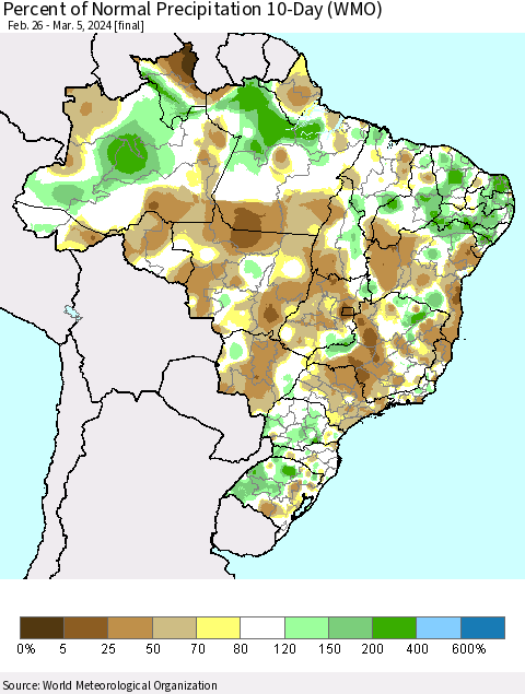 Brazil Percent of Normal Precipitation 10-Day (WMO) Thematic Map For 2/26/2024 - 3/5/2024