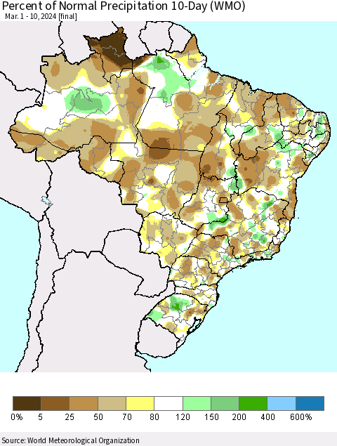 Brazil Percent of Normal Precipitation 10-Day (WMO) Thematic Map For 3/1/2024 - 3/10/2024