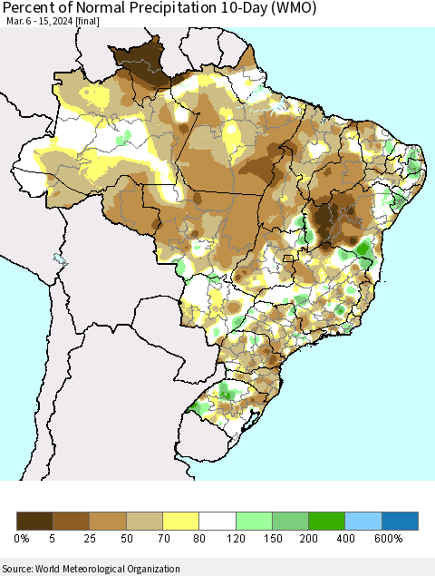 Brazil Percent of Normal Precipitation 10-Day (WMO) Thematic Map For 3/6/2024 - 3/15/2024