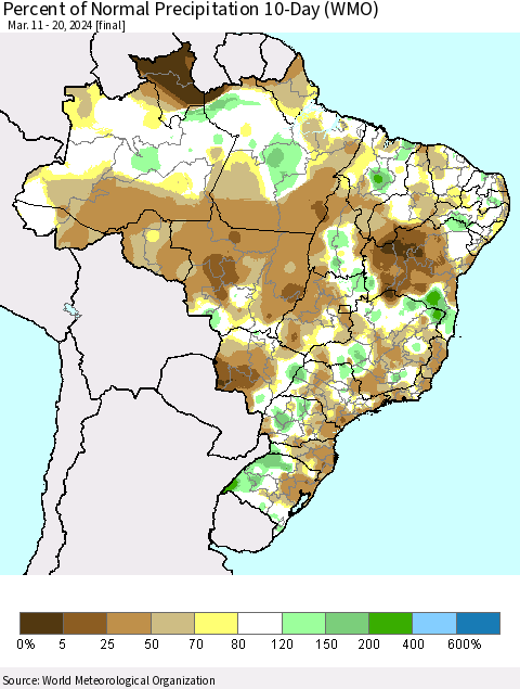 Brazil Percent of Normal Precipitation 10-Day (WMO) Thematic Map For 3/11/2024 - 3/20/2024