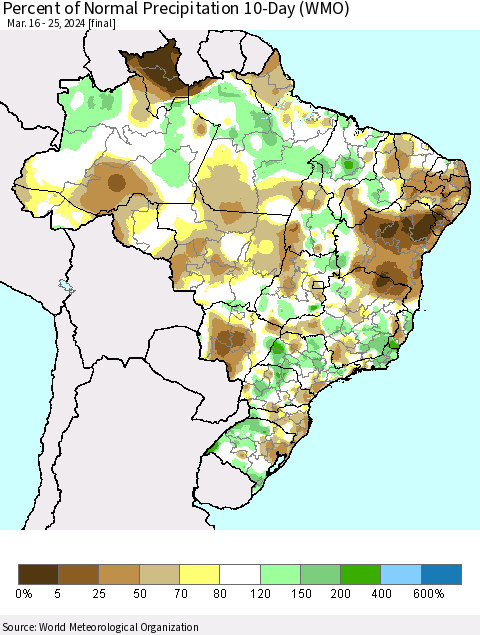 Brazil Percent of Normal Precipitation 10-Day (WMO) Thematic Map For 3/16/2024 - 3/25/2024