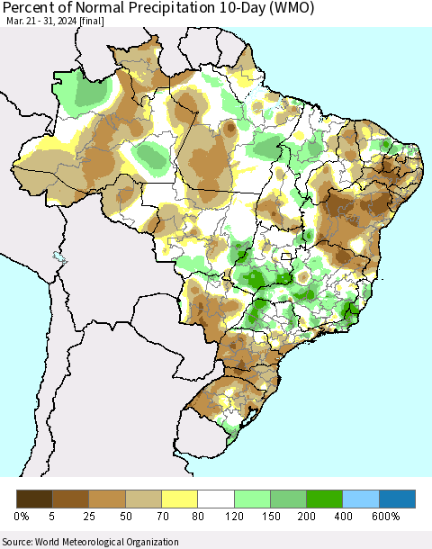 Brazil Percent of Normal Precipitation 10-Day (WMO) Thematic Map For 3/21/2024 - 3/31/2024