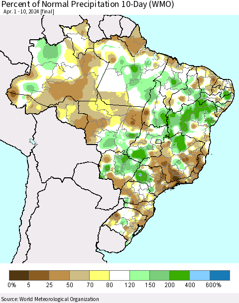 Brazil Percent of Normal Precipitation 10-Day (WMO) Thematic Map For 4/1/2024 - 4/10/2024