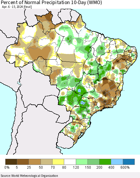 Brazil Percent of Normal Precipitation 10-Day (WMO) Thematic Map For 4/6/2024 - 4/15/2024
