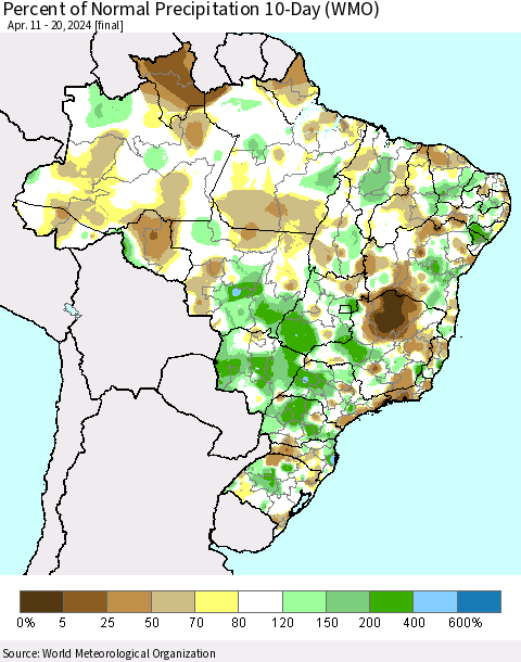 Brazil Percent of Normal Precipitation 10-Day (WMO) Thematic Map For 4/11/2024 - 4/20/2024